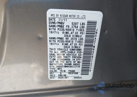 2012 Nissan Murano Sl z USA, uszkodzony, nr VIN JN8AZ1MW6CW212776